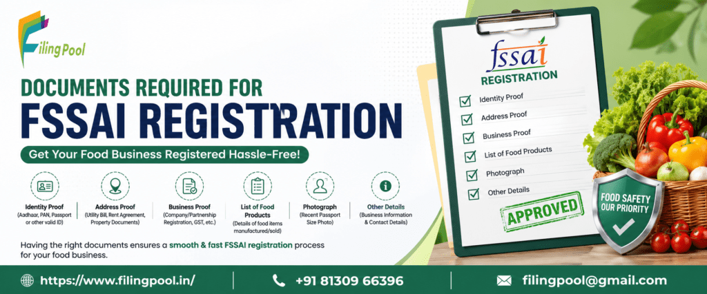 Filing Pool banner highlighting the documents required for FSSAI Registration, including identity proof, address proof, business proof, food product details, photograph, and other business information, with fresh vegetables and food safety visuals encouraging hassle-free food business registration.